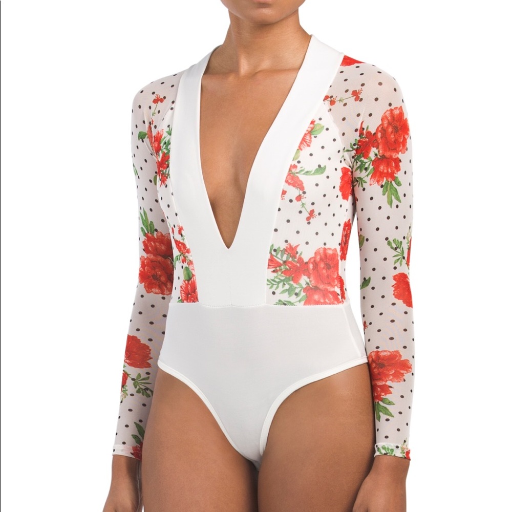 NWT Urban Rose Dot Flora Mesh Ity Deep V Bodysuit